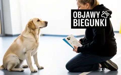 Labrador siedzi, patrząc na kobietę klęczącą z ulotką o objawach biegunki u psa.