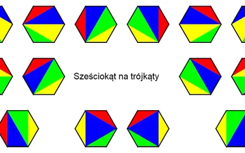 Sześciokąty podzielone na kolorowe trójkąty. Różne kombinacje brył geometrycznych.