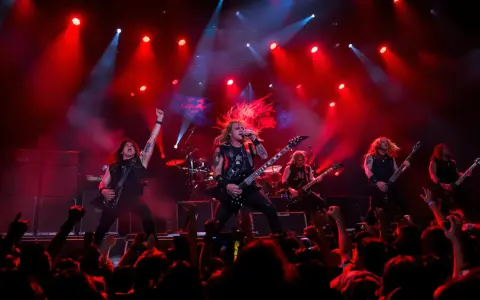 Un groupe metal actuel enflamme la scène sous des projecteurs rouges. Les musiciens jouent avec passion, leurs cheveux volant au vent, devant une foule en délire.