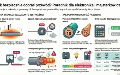 Wykres porównuje przekroje przewodów, pokazując, że grubszy przewód (np. 2.5 mm²) jest lepszy niż cieńszy (1.5 mm²), podobnie jak śruba 8.8 wytrzymałość jest kluczowa.