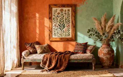 Sofá de estilo boho chic con cojines étnicos, manta de terracota y cuadro de flores. Paredes en naranja y verde.