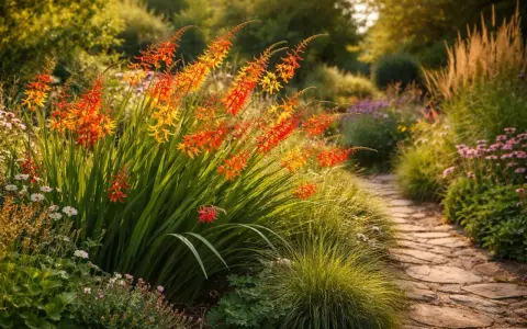 Ein sonniger Gartenweg führt vorbei an leuchtend orange-gelben Blütenrispen von montbretien winterhart, umgeben von Gräsern und zarten Blüten.