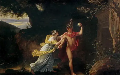 Ariadna podaje Tezeuszowi nić, by ten pokonał Minotaura. Mit o Tezeuszu i Ariadnie ożywa w tej scenie.