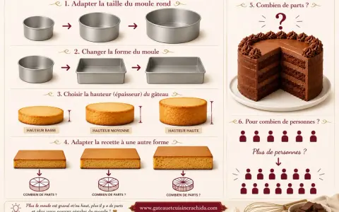 Guide pour adapter la recette de gâteau : taille, forme, hauteur, et le nombre de parts à découper. Plus le moule est grand, plus il y a de parts.