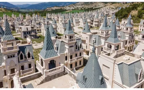 Un villaggio di case a forma di castello, Burj Al Babas, con tetti a punta grigi e facciate bianche, immerso in un paesaggio collinare.