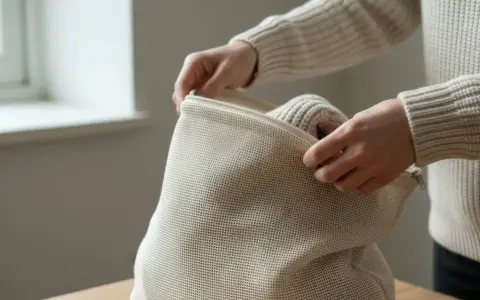 Händerna drar igen en tvättpåse med en stickad tröja inuti, för att undvika att ullen krymper i tvätten.