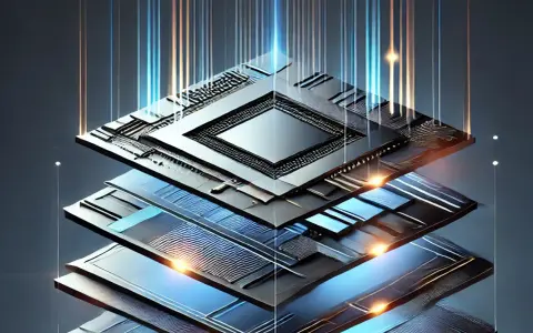 Strati di un sensore CMOS con circuiti complessi e fasci di luce che salgono, simboleggiando l'elaborazione dati.
