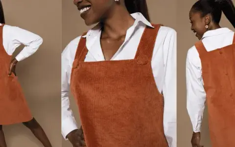 Trois vues d'une robe chasuble orange en velours côtelé, portée sur une chemise blanche.