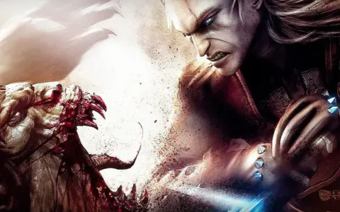 Geralt de Rivia, en el the witcher remake, se enfrenta a una bestia sangrienta. Sus ojos brillan con furia mientras prepara su espada.