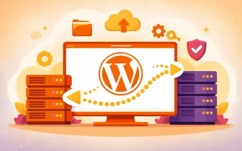 Illustration d'un ordinateur affichant le logo WordPress, avec des serveurs et une flèche symbolisant la migration. Idéal pour un plugin de migration WordPress.