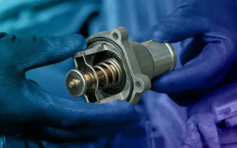 Hands in blue gloves hold a car thermostat, ready for replacement. The internal spring and valve are visible.