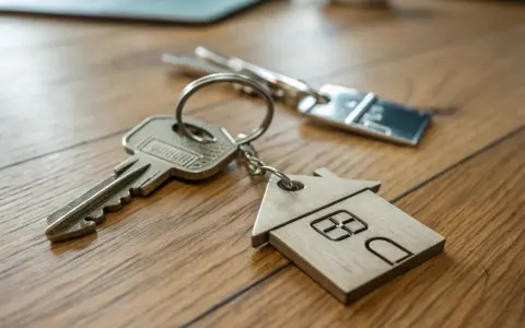 Clés avec un porte-clés en forme de maison en bois, symbolisant l'accession à la propriété.