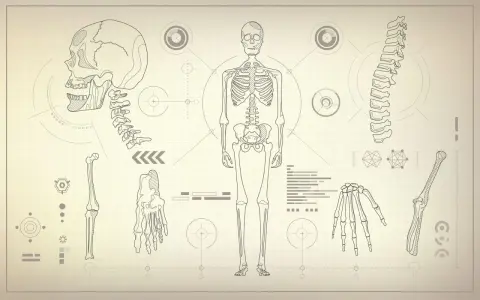 Anatomia człowieka rysunek z opisem: schemat szkieletu, czaszki, kręgosłupa, dłoni i kości kończyn na tle technicznym.