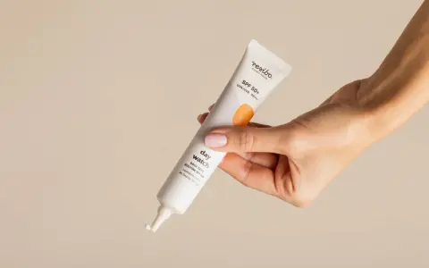 Dłoń trzyma tubkę kremu z filtrem SPF 50+, idealnego do codziennej pielęgnacji. To kwintesencja skinimalizmu – prostota i skuteczność.