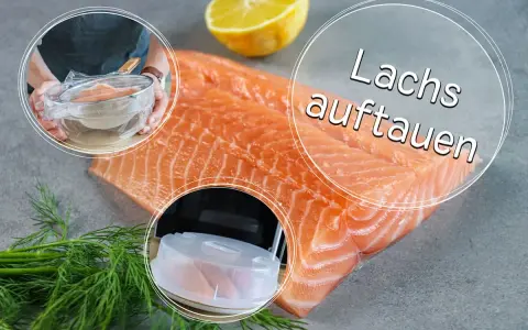 Frischer Lachs liegt bereit zum Auftauen. Eine Zitrone und Dill garnieren die Szene.
