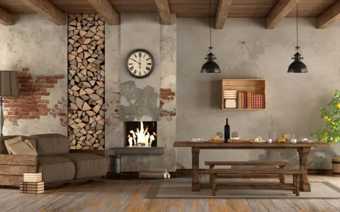 Accogliente piccola tavernetta casa con camino acceso, divano, tavolo apparecchiato e un limone in vaso.