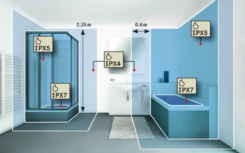 Łazienka z prysznicem i wanną, pokazująca strefy ochrony **IP20** i wyższe (IPX4, IPX5, IPX7) dla urządzeń elektrycznych.