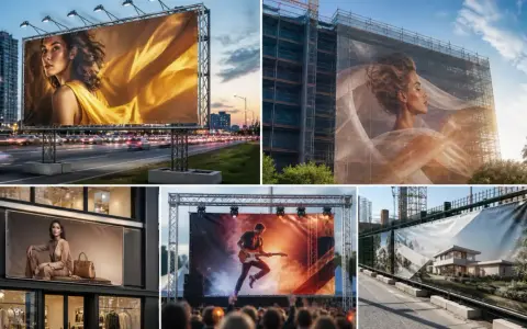 Wielkoformatowe banery reklamowe i drukowanie etykiet samoprzylepnych: reklama mody, koncert rockowy, nowoczesny dom i budowa.