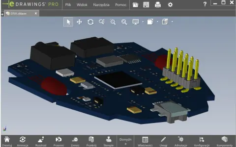 Model 3D płytki drukowanej z elementami elektronicznymi, widoczny w oprogramowaniu do projektowania.