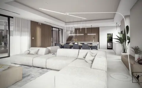 Nowoczesny salon z jadalnią, jasne meble, drewniane akcenty, rośliny.