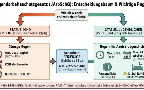 Entscheidungsbaum zum Jugendarbeitsschutzgesetz: Regeln für Schüler, die während der Schulzeit arbeiten, je nach Alter und Schulpflicht.