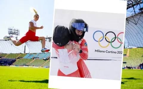 Klaudia Adamek w skoku na stadionie i dwie zawodniczki bobslejowe w uścisku przed logo Milano Cortina 202.
