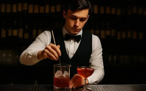 Barman miesza drinka, zastanawiając się, ile zarabia barman za granicą. W tle półki z butelkami.