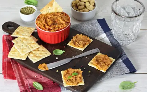 Pyszna pasta z suszonych pomidorów na krakersach, obok miseczka orzechów i szklanka wody. Idealna przekąska!