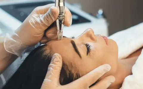 Un appareil de microneedling visage est utilisé par des mains gantées pour un soin de la peau.