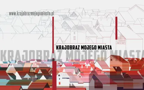 Krajobraz mojego miasta – gra planszowa. Stylizowany widok miasta z kolorowymi dachami i konturowymi budynkami.