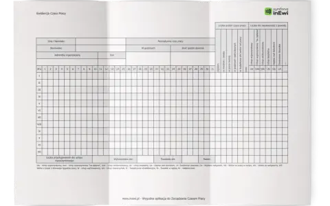 Formularz ewidencji czasu pracy z polami do wpisania danych, dni i rodzajów nieobecności.