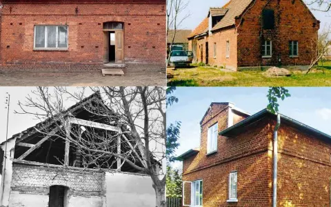 Metamorfoza starego domu: od ruiny do odnowionej ceglanej bryły. Przed i po.