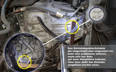 Getriebekennbuchstabe "PK6 077" ist auf dem Getriebe eingraviert und auf der Hebebühne gut ablesbar.