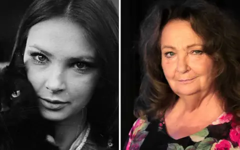 Anna Dymna w wieku 40 lat, z czarnym kotem na lewym zdjęciu, i ta sama aktorka, starsza, w kolorowym kwiecistym ubraniu, po prawej.