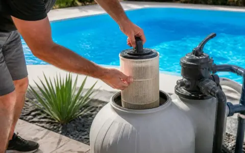 Entretien de la pompe à sable : une main retire le filtre d'une cuve grise, prêt pour le nettoyage. Piscine bleue en arrière-plan.