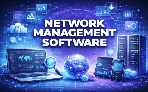 Network management system software visualized with servers, laptops, tablets, and a glowing globe.