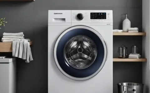Nowa pralka Samsung z błędem SE. W łazience obok stoją czyste ręczniki i dozownik mydła.