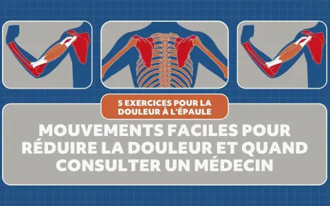 Illustrations anatomiques montrant les muscles de l'épaule et du bras, avec le texte "5 exercices pour la douleur à l'épaule". Idéal pour les tendinite épaule exercices.