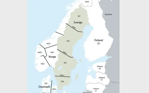 Karta över Norden med Sverige uppdelat i fyra regioner (SE1-SE4). Norge, Danmark, Finland och Baltikum syns också.