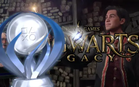 Trofeos de Hogwarts Legacy: un estudiante mira con orgullo mientras un trofeo de PlayStation brilla, rodeado de varitas mágicas.