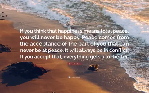 A serene beach scene with waves lapping the shore, featuring a quote about finding peace through acceptance, leading to being content.