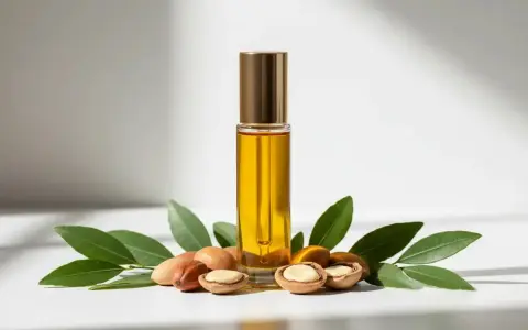 Flacon d'huile d'argan visage doré, entouré de noix d'argan et de feuilles vertes. Un élixir naturel pour sublimer votre peau.