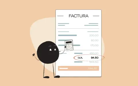 Un personaje animado muestra una calculadora junto a una factura, ilustrando cómo calcular el IVA.