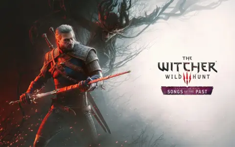 Geralt de Rivia, listo para la batalla en el remake de The Witcher. Un árbol sombrío y el logo del juego completan la escena.
