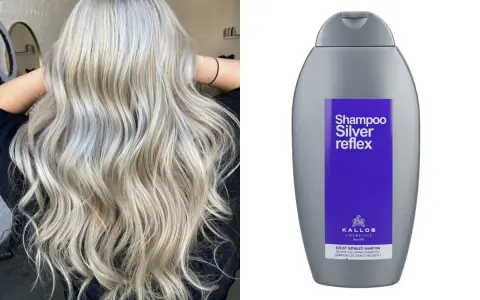 Piękne, falowane blond włosy i butelka szamponu rewitalizującego kolor do włosów blond Kallos Silver Reflex.