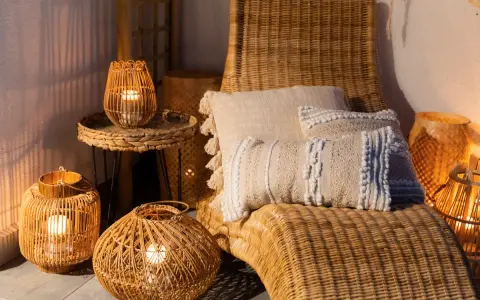 Przytulny balkon w stylu boho z wiklinowymi latarenkami, poduszkami i leżakiem.