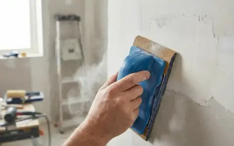 Main d'un artisan ponçant un mur en placo avec un grain adapté pour un fini lisse. La poussière s'envole.