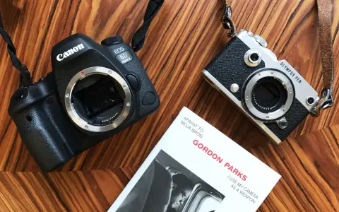 Dwa aparaty, Canon EOS 6D Mark II i Olympus PEN, leżą obok książki Gordona Parks'a "Aparat to moja broń". Pełna klatka i mniejszy aparat gotowe do akcji.