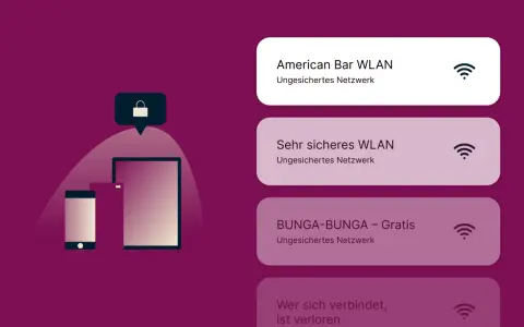 Benachrichtigungen für WLAN-Netzwerke: "American Bar WLAN", "Sehr sicheres WLAN", "BUNGA-BUNGA – Gratis" und "Wer sich verbindet, ist verloren".