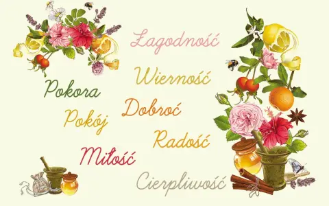 Kwiaty, owoce i zioła symbolizują owoce ducha świętego: łagodność, wierność, dobroć, pokorę, pokój, miłość, radość i cierpliwość.